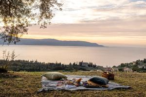 a picnic on a blanket next to the water at Colago Private Villas Lake Garda in Toscolano Maderno