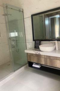 a bathroom with a sink and a glass shower at Castle Estate APartments in Abuja