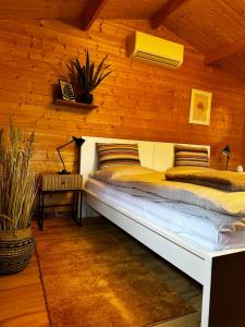 Un dormitorio con una cama en una pared de madera. en Glamping Hütte Hygge, en Winterberg