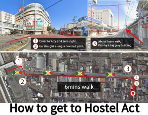 Toyooka guesthouse Hostel Act في تويوكا: ملصق بثلاث صور لمدينة عليها لافتات