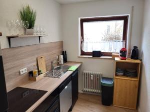 una cucina con lavandino e finestra di Schönes Ruhiges Appartement a Crailsheim