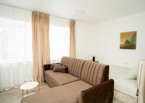 sala de estar con sofá y ventana en Central Station Apartment No8 en Kaunas