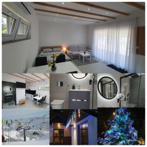 a collage of a living room and a christmas tree at Willa Lawenda- Przytulny Domek in Rytro