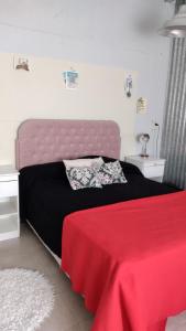1 dormitorio con 1 cama grande con manta roja en la casa de gales habitación privada con baño en Puerto Madryn