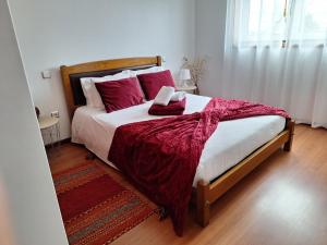 1 dormitorio con 1 cama grande con almohadas rojas en Ana Paula House, en Aveiro