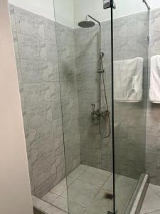 a shower with a glass door in a bathroom at Heritage Hotels Arua in Arua