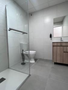 uma casa de banho com um WC e uma porta de duche em vidro. em Apartamentos San Juan Suites em Badajoz