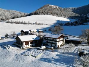 een luchtzicht op een huis in de sneeuw bij Pardellerhof Lüsen Doppelzimmer Nussbaum in Luson