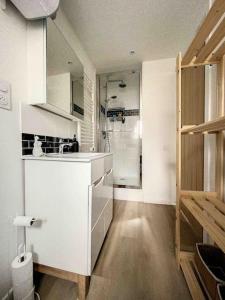 a white kitchen with a sink and a shower at Le Wilson Cosy in Dijon