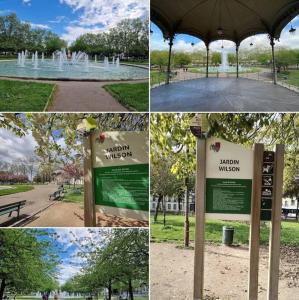 four different pictures of a park with a fountain at Le Wilson Cosy in Dijon