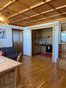 a living room with a couch and a table at Blick Tirol direkt auf der Skipiste in Mittersill