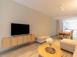 sala de estar con TV de pantalla plana en la pared en Weststraat 116, en Blankenberge