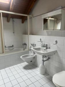 ein Badezimmer mit einem Waschbecken, einem WC und einer Badewanne in der Unterkunft tHE Eagle Nest Duplex - Your Mountain Retreat in Chalais