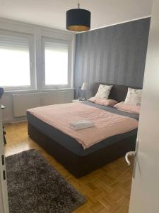 een slaapkamer met een groot bed met roze kussens bij Schöne 2 Zimmer Wohnung in Stuttgart-West in Stuttgart