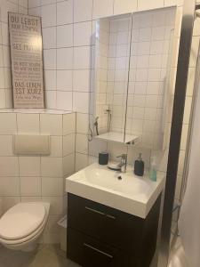 een badkamer met een wastafel, een toilet en een spiegel bij Schöne 2 Zimmer Wohnung in Stuttgart-West in Stuttgart