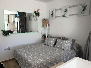 sypialnia z łóżkiem i lustrem w obiekcie CALTERR - Loft con Terraza privada, Wifi, Recién reformado w mieście Torremolinos