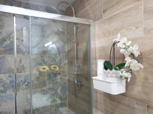 W łazience znajduje się prysznic ze szklanymi drzwiami. w obiekcie CALTERR - Loft con Terraza privada, Wifi, Recién reformado w mieście Torremolinos +37 zdjęć