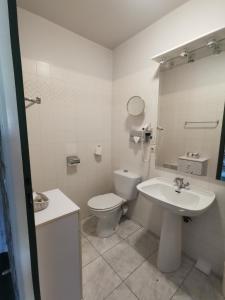 La salle de bains blanche est pourvue de toilettes et d'un lavabo. dans l'établissement Castel Novel, à Varetz
