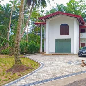 a dog sitting in front of a house at Airport Pearl Garden Transit Hotel in Arambe