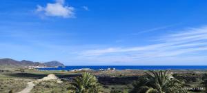 a view of the ocean with mountains and palm trees at BlueMar in Almería