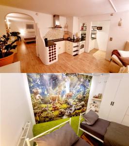 a kitchen and a living room with a painting on the wall at Ruheoase am Waldrand - auf 90qm sind nicht nur die Eltern willkommen - bis zu 5 Kinder in Laichingen