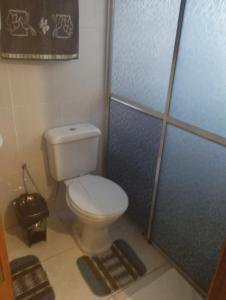 uma casa de banho com um WC e uma cabina de duche. em Pousada águia da serra em Gramado