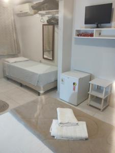 Cette chambre comprend 2 lits, une télévision et un tapis. dans l'établissement Pousada águia da serra, à Gramado