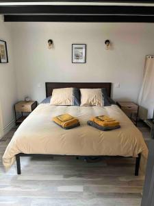 ein Schlafzimmer mit einem Bett mit zwei Handtüchern darauf in der Unterkunft Loft relais Cœur de France in Vierzon