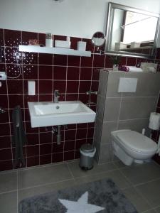 La salle de bains est pourvue d'un lavabo et de toilettes. dans l'établissement Casa Graf, à Bad Emstal