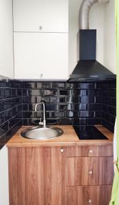 a kitchen with a sink and a black brick wall at Комфортная студия на Южном вокзале in Kharkiv