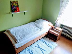 uma pequena cama num quarto verde com uma janela em Schwalm - Aue em Neuental
