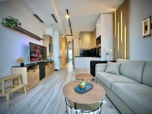 ein Wohnzimmer mit einem Sofa und einem Tisch in der Unterkunft City Modern & Classy Apartment for 4 Guests & Parking in Sofia