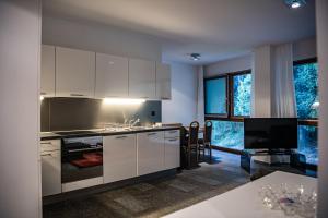 uma cozinha com armários brancos e uma grande janela em Putzprinz Gujan Apartment Whispering Pines em Laax