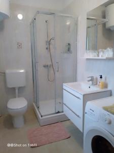 y baño con ducha, aseo y lavamanos. en Apartma Bomar, en Koper