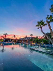 a large swimming pool with palm trees in a resort at Le Domaine Limoune in Oulad Teïma