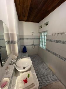 La salle de bains est pourvue de toilettes blanches et d'un lavabo. dans l'établissement Residence Monique, sur l'île aux Nattes