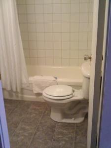 a bathroom with a toilet and a bath tub at Caravan INN in Quesnel