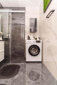 uma máquina de lavar e secar roupa na casa de banho com chuveiro em 10 minutes to the center, 2 minutes to the metro em Viena