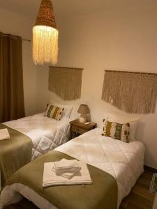 una camera d'albergo con due letti e un lampadario a braccio di Casa da Bisa a Carreiras