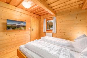 a bedroom with two beds in a wooden cabin at Chalet Dachsteinblick in Pruggern