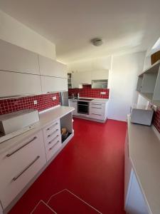 - une cuisine avec des placards blancs et un sol rouge dans l'établissement Apartmány U nemocnice, à České Budějovice