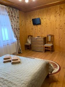 una camera con letto, cassettiera e televisore di Dereviy a Jaremče