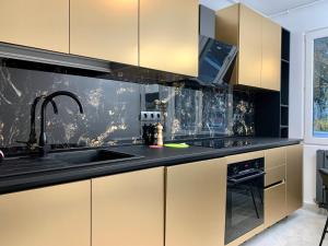 a kitchen with black and gold cabinets and a sink at Elite Plus Cornisa in Târgu-Mureş