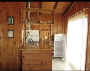 eine Küche mit Holzwänden, einer Theke und einem Kühlschrank in der Unterkunft Refugio Humboldt in Punta de Choros