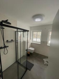 a bathroom with a toilet and a glass shower stall at Monteurwohnung Villa Waffi in Bippen