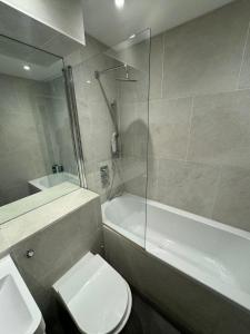 a bathroom with a toilet and a shower and a sink at Two bed in Clapham in London