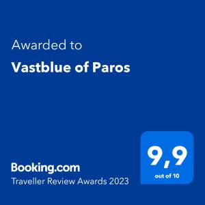 a blue sign with the text awarded to a website of pares at Vastblue of Paros in Ambelas