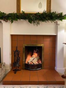 a fireplace with a fire inside of it at Cosy Wee Cottage St Andrews 20 in Ceres