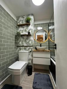 La salle de bains est pourvue de toilettes, d'un lavabo et d'un miroir. dans l'établissement Spacious and modern flat in Archway, à Londres