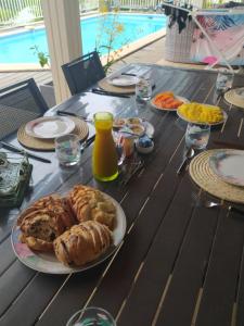 a table with a plate of breakfast food on it at Les oliviers sous le cocotier in Saint-Joseph